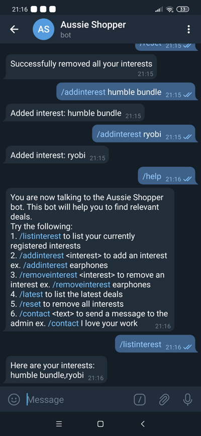 Sample of Telegram bot general interaction